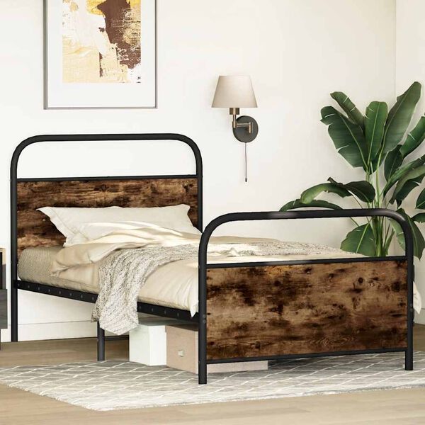 vidaXL Bed Frame Smoked Oak Steel, Engineered Wood Twin Bed Frame