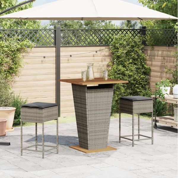 vidaXL Garden Bar Set Grey PE Rattan, Powder-Coated Steel, Solid Acacia Wood