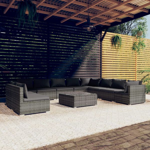 vidaXL Garden Lounge Set Grey PE rattan, powder-coated steel, plastic, glass