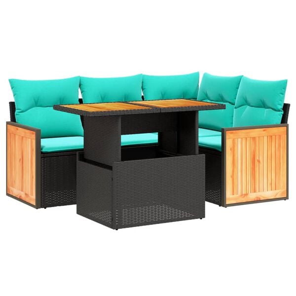 vidaXL 5 Piece Patio Sofa Set with Cushions Black Poly Rattan
