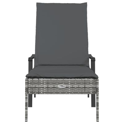 Front view of single outdoor lounge chair with dark gray cushion and wicker frame.