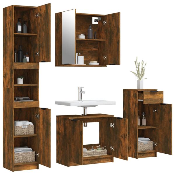 vidaXL Bathroom Furniture Set Smoked oak Engineered wood, glass Tall