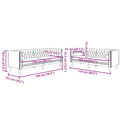 Technical diagram with dimensions of two brown tufted sofas showing length, depth, and height.