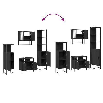 Exploded or assembled view of several black modular bathroom units with arrows showing rearrangement.