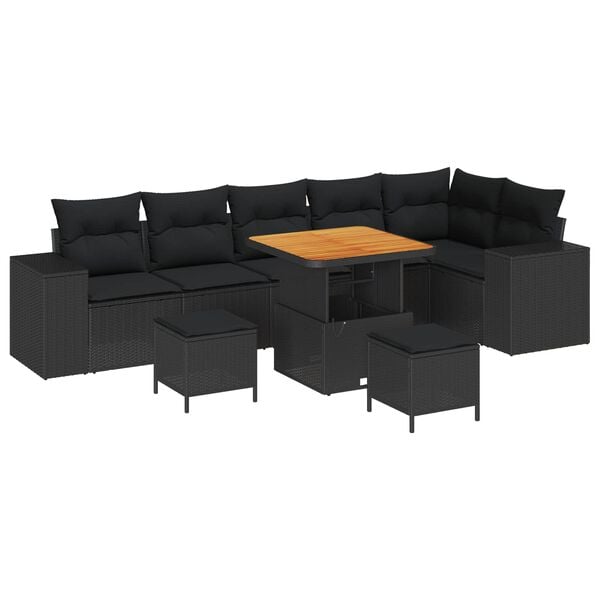 vidaXL Garden Sofa Set with Cushion 9 pcs Black Poly Rattan