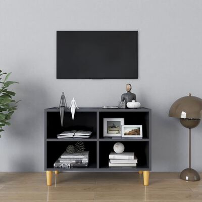 vidaXL TV Cabinet with Solid Wood Legs High Gloss Gray 27.3"x11.8"x19.6"