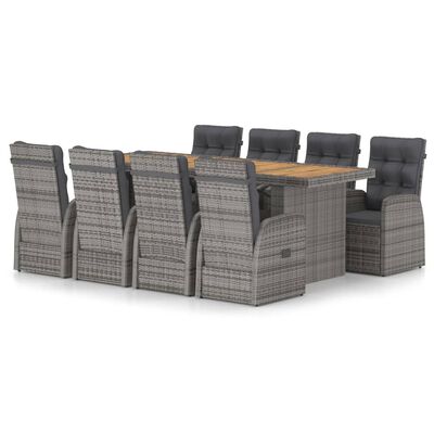 vidaXL 9 Piece Patio Dining Set with Cushions Poly Rattan Gray