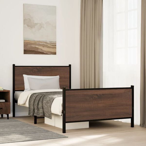 vidaXL Bed Frame Brown oak Steel, engineered wood Twin size Modern