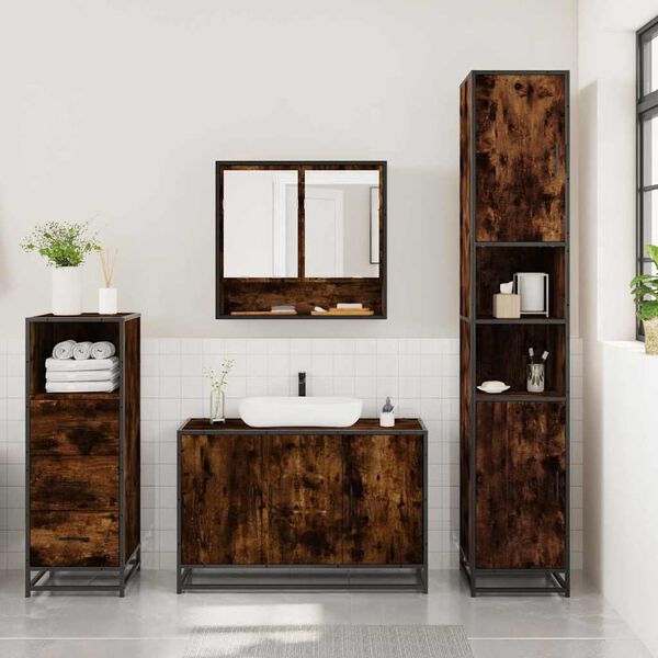 vidaXL Bathroom Furniture Set Smoked Oak Engineered Wood, Metal, Glass