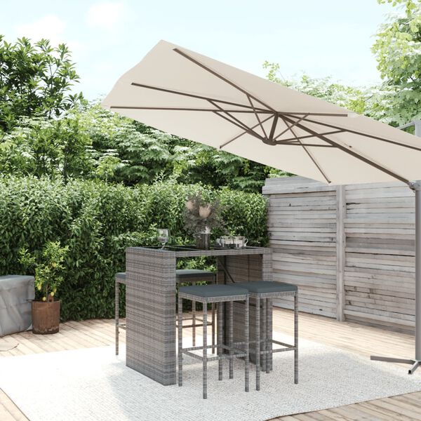 vidaXL Garden Bar Set Grey PE Rattan, Powder-Coated Steel, Tempered Glass