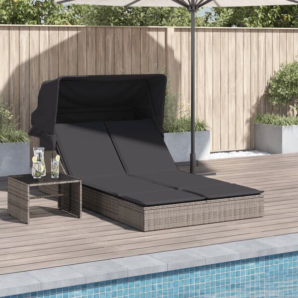 vidaXL Double Sun Lounger Grey PE Rattan, Powder-coated Steel Double