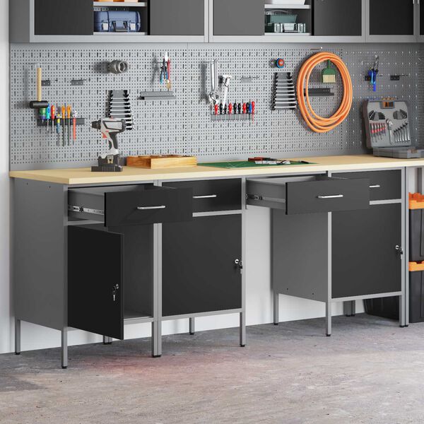 vidaXL Work Cabinet with Drawer with Lock 4 pcs Black 200 x 55 x 85 cm