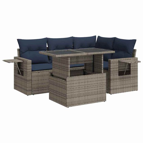 vidaXL 5 Piece Patio Sofa Set with Cushions Gray Poly Rattan Acacia