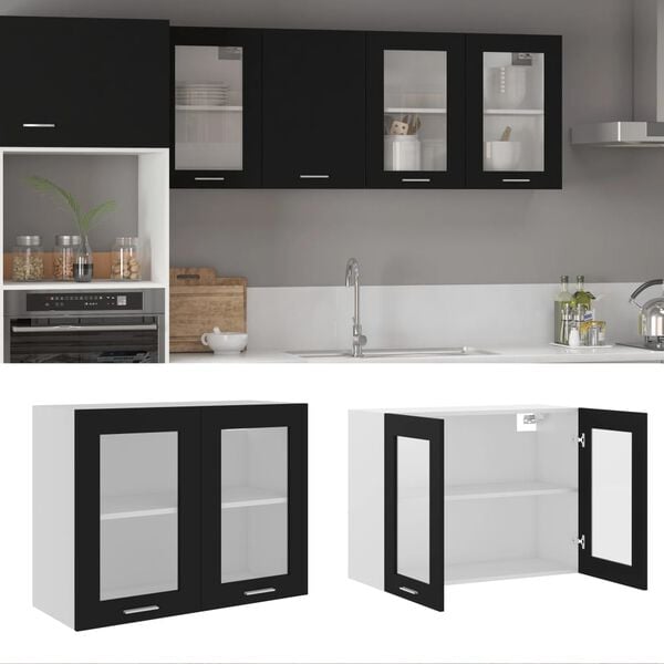 vidaXL Hanging Glass Cabinet Black Engineered Wood, Glass