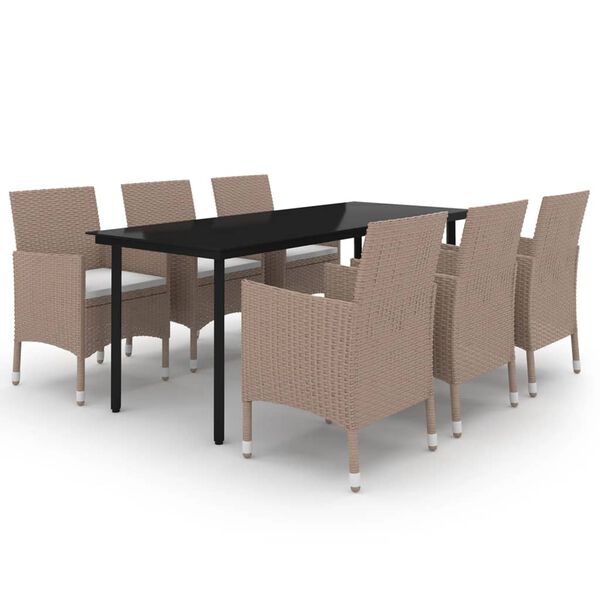 vidaXL 7 Piece Patio Dining Set with Cushions Poly Rattan and Glass