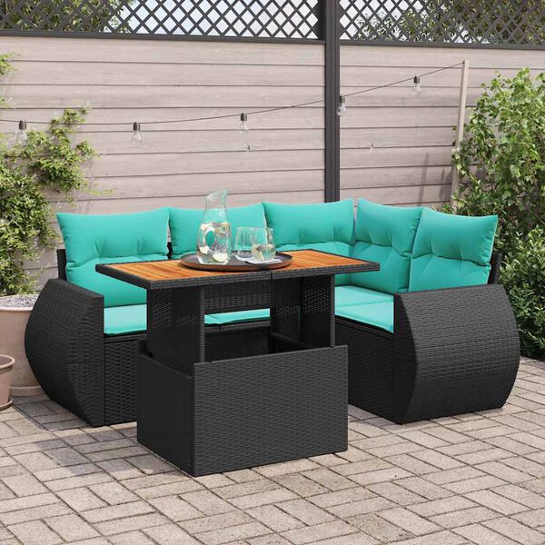 vidaXL 5 Piece Patio Sofa Set with Cushions Black Poly Rattan
