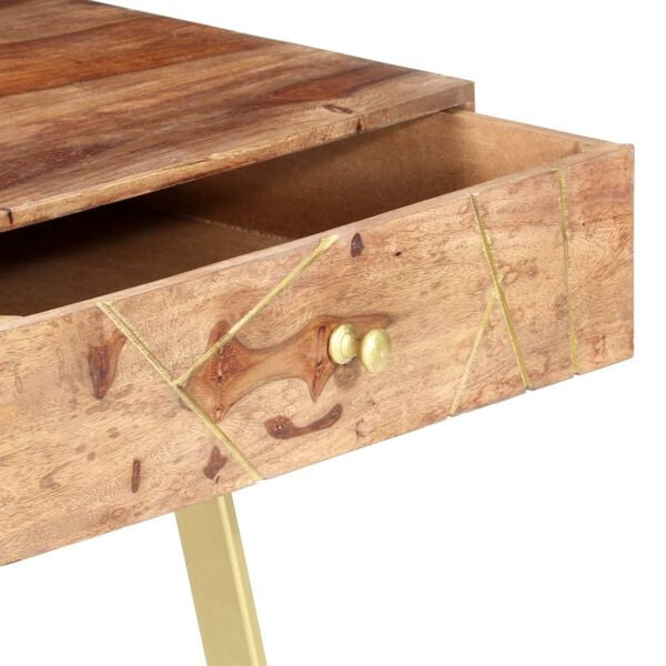 vidaXL Writing Desk Natural and brass Solid Acacia wood