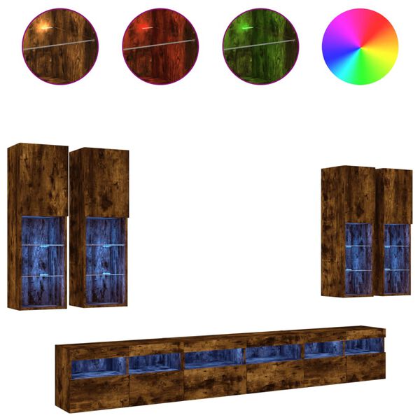 vidaXL 7 Piece TV Wall Stand Set with LED Lights Smoked Oak