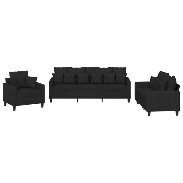 vidaXL Sofa Set Black Fabric 100% Polyester, Metal, Plywood 3 Piece