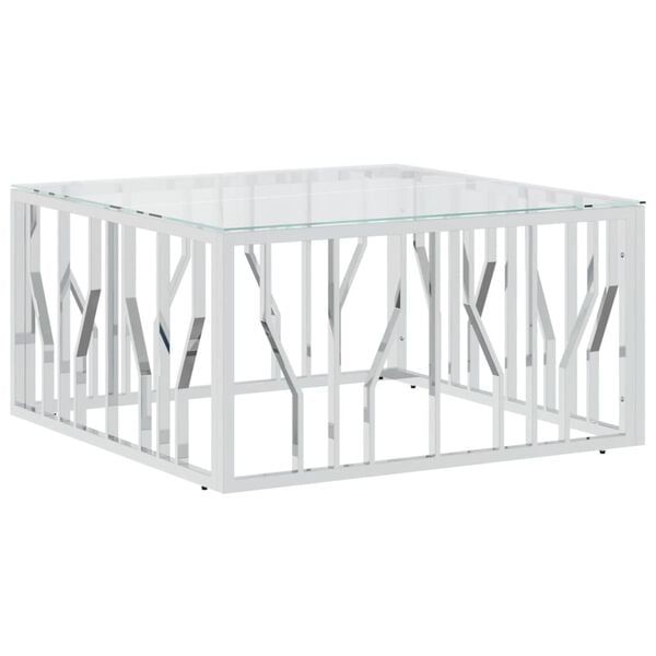 vidaXL Coffee Table Silver Stainless Steel, Tempered Glass Medium