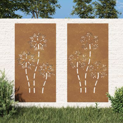 vidaXL Patio Wall Decorations 2pcs 41.3"x21.7" Corten Steel Flower Design