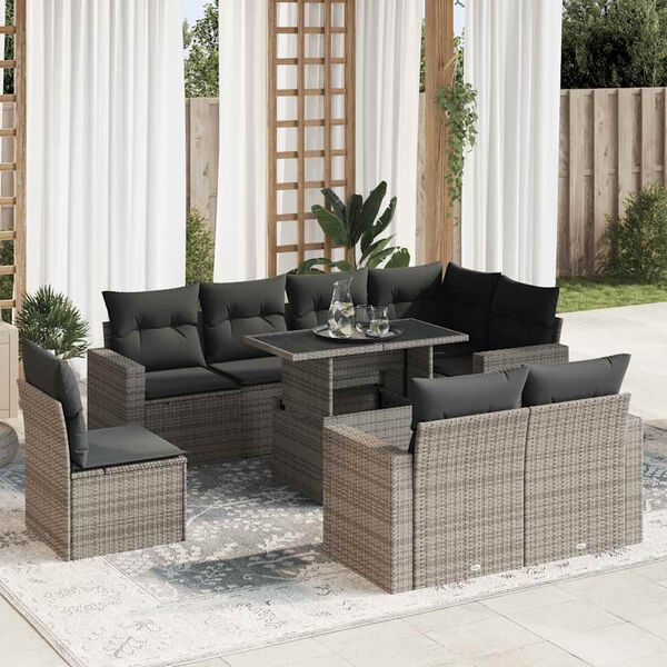 vidaXL Garden Sofa Set Grey PE Rattan, Powder-Coated Steel, Tempered Glass