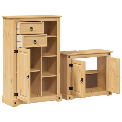 Tall wooden storage cabinet with drawers on top and shelves, plus a separate smaller cabinet with doors