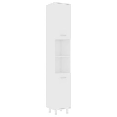 Tall white cabinet with a door and open shelves, supported on legs.