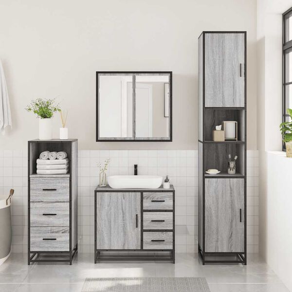 vidaXL Bathroom Furniture Set Gray Sonoma Engineered wood, metal, glass