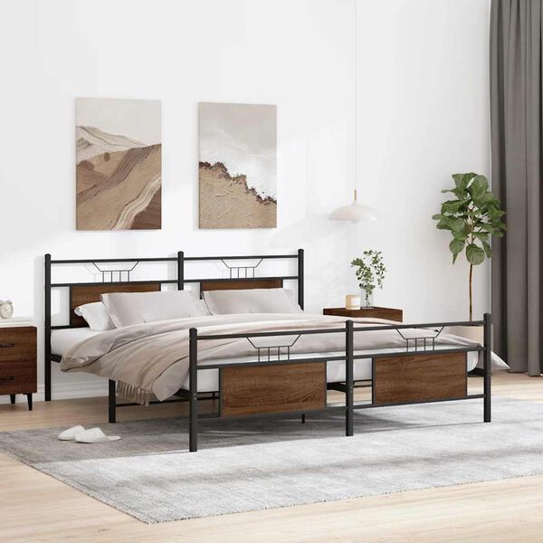 vidaXL Bed Frame Brown Oak Steel Double Bed Frame Rectangular Modern