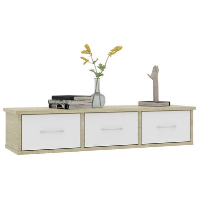 vidaXL Wall-mounted Drawer Shelf White and Sonoma Oak 34.6"x10.2"x7.3" Engineered Wood