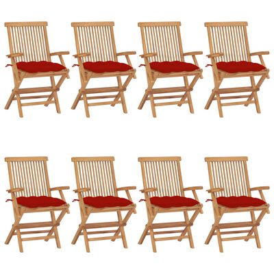 vidaXL Patio Chairs with Red Cushions 8 pcs Solid Teak Wood