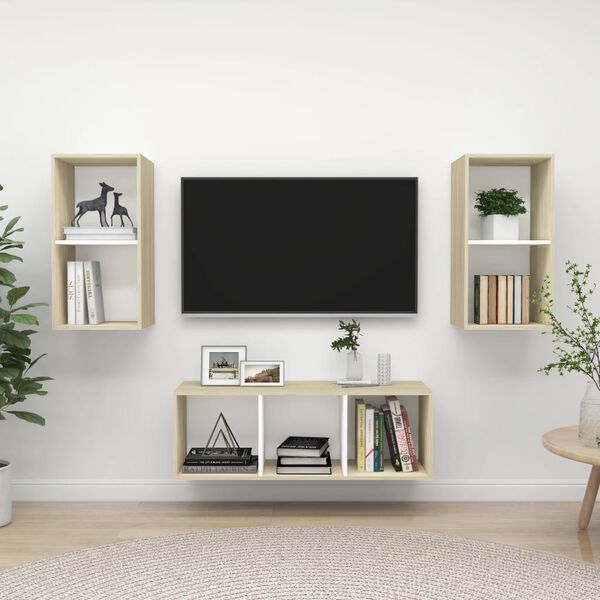 vidaXL TV Cabinet Set White and Sonoma Oak Engineered wood 3 Piece Set