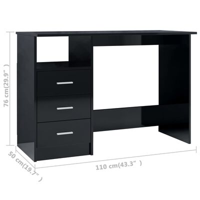 vidaXL Desk with Drawers High Gloss Black 43.3"x19.7"x29.9" Engineered Wood