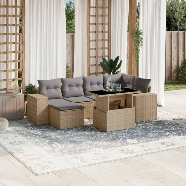 vidaXL Garden Sofa Set Beige PE rattan, powder-coated steel, tempered glass