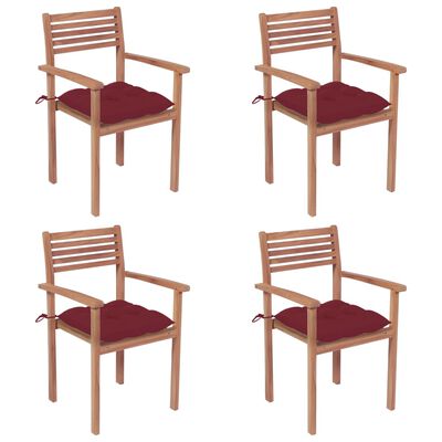 vidaXL Patio Chairs 4 pcs with Wine Red Cushions Solid Teak Wood