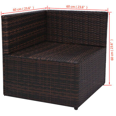 Measurement diagram of brown wicker corner chair showing dimensions in cm