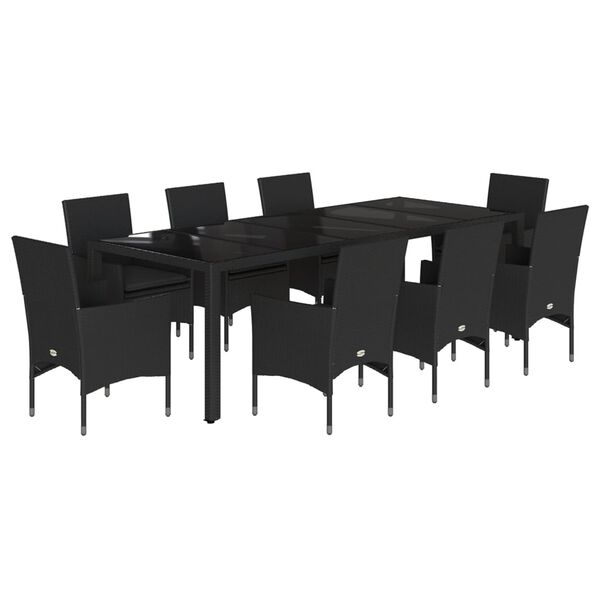 vidaXL 9 Piece Patio Dining Set with Cushions Black Poly Rattan and Glass