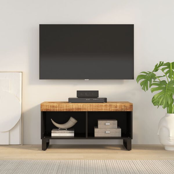 vidaXL TV Cabinet Natural wood and black Solid mango wood, Iron Medium
