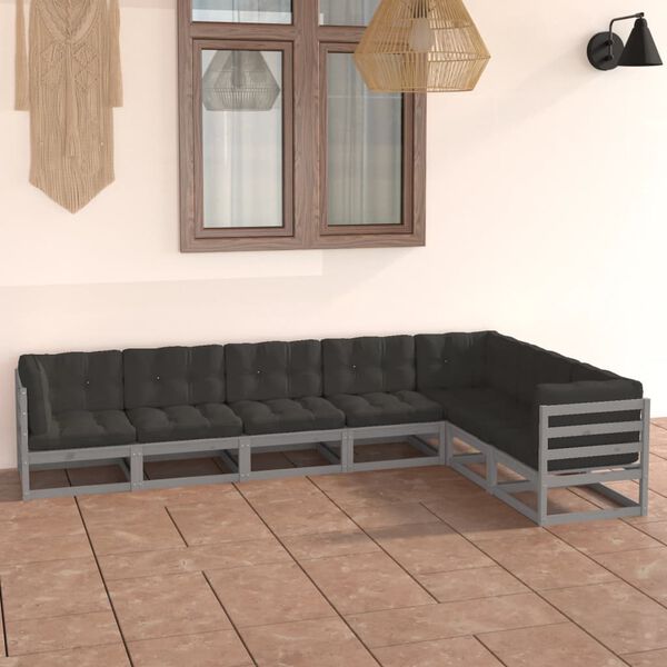 vidaXL Garden Lounge Set Grey Solid pine wood, 100% polyester fabric Large