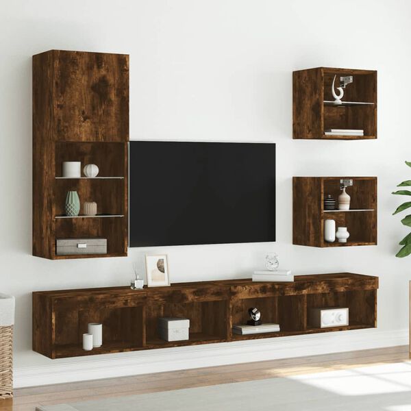 vidaXL TV Cabinet Smoked Oak Engineered Wood and Glass