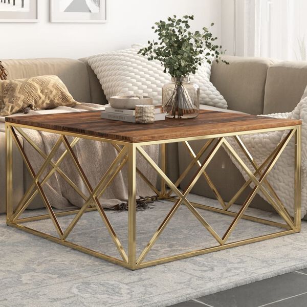 vidaXL Coffee Table Gold, Wood Stainless Steel, Solid Sleeper Wood 39.4 in
