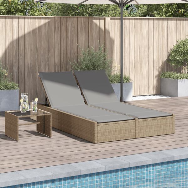 vidaXL Double Sun Lounger with Cushions Beige Poly Rattan