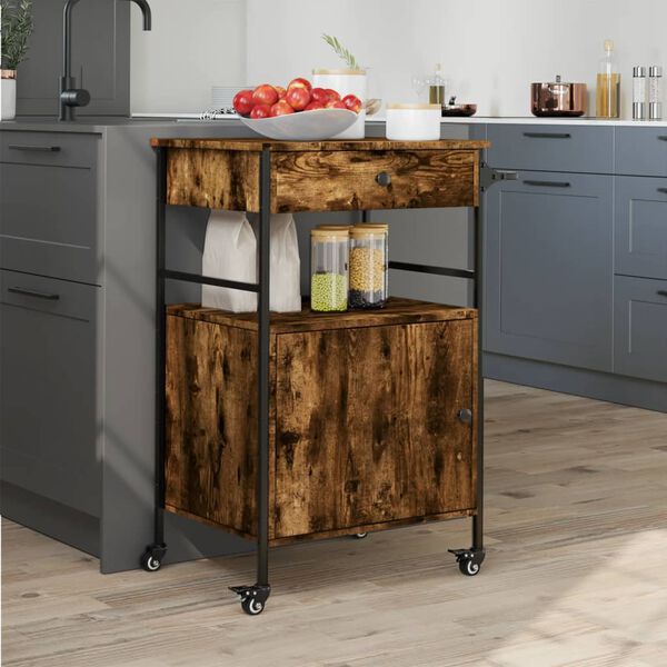 vidaXL Kitchen Trolley Smoked Oak 22"x16.9"x35.2" Engineered Wood