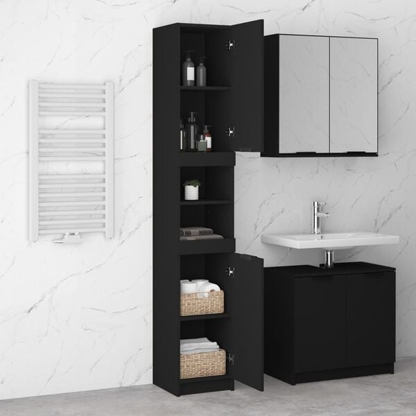 vidaXL Bathroom Cabinet Black Engineered Wood Tall Rectangular Modern