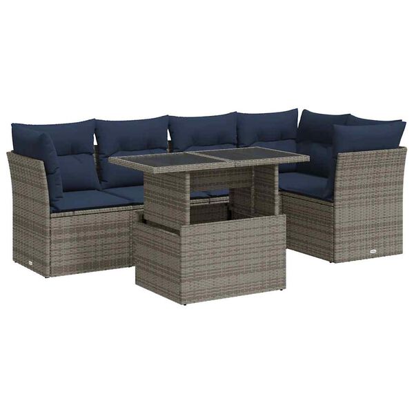 vidaXL 6 Piece Patio Sofa Set with Cushions Gray Poly Rattan Acacia