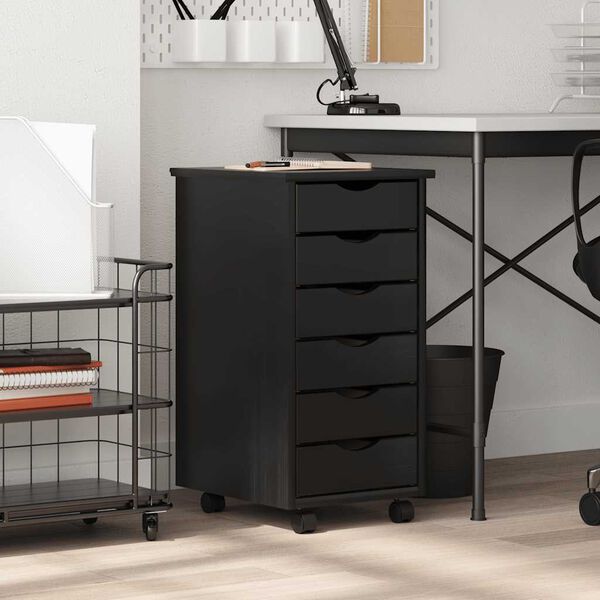 vidaXL Rolling Cabinet Black Solid pine wood, engineered wood, plastic