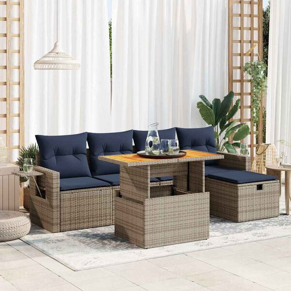 vidaXL 6 Piece Patio Sofa Set with Cushions Gray Poly Rattan Acacia