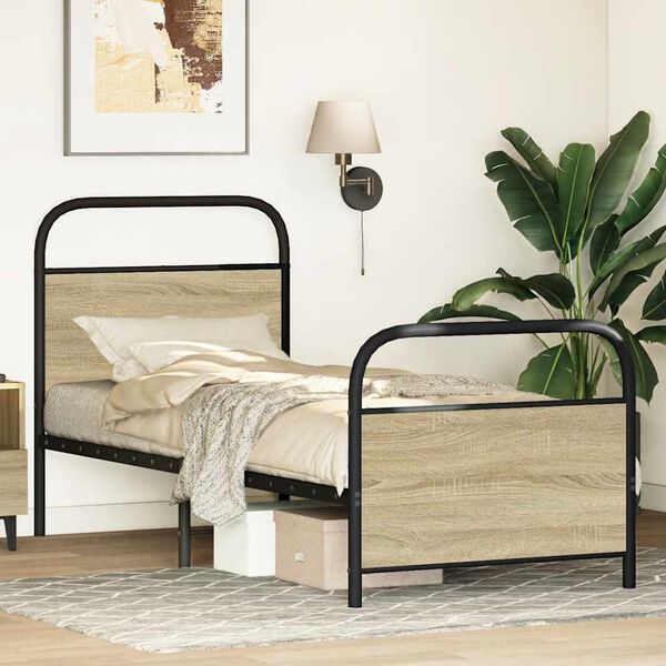 vidaXL Bed Frame Sonoma Oak Steel, Engineered Wood Small Single Durable