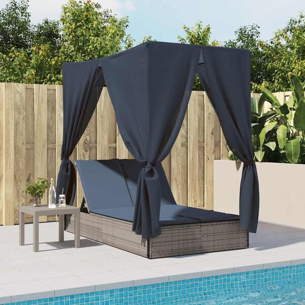 vidaXL Double Sun Lounger with Roof and Curtains Gray Poly Rattan